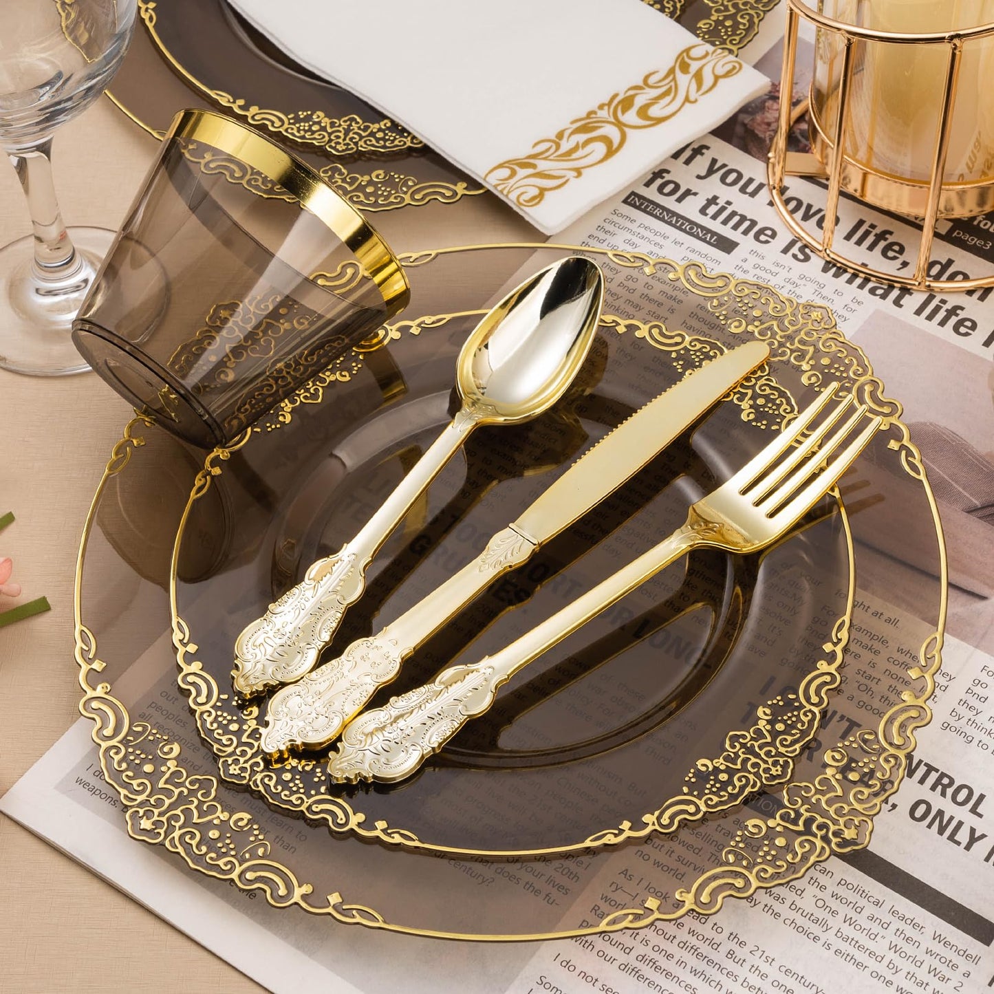 Goodluck 350PCS Disposable Clear Black with Gold Trim Plastic Dinnerware Set for 50 Guests