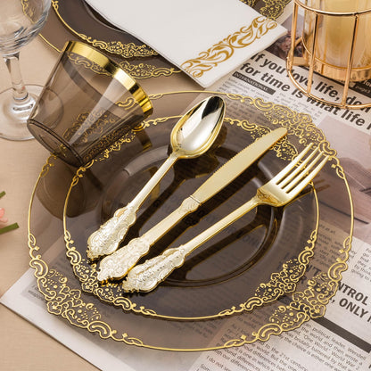 Goodluck 350PCS Disposable Clear Black with Gold Trim Plastic Dinnerware Set for 50 Guests