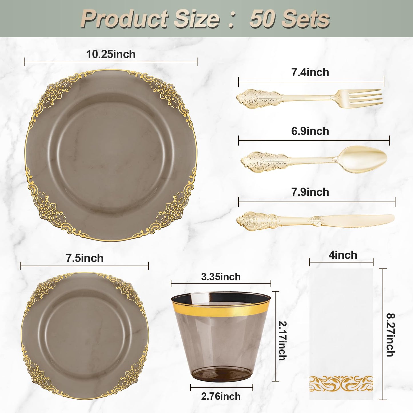 Goodluck 350PCS Disposable Clear Black with Gold Trim Plastic Dinnerware Set for 50 Guests