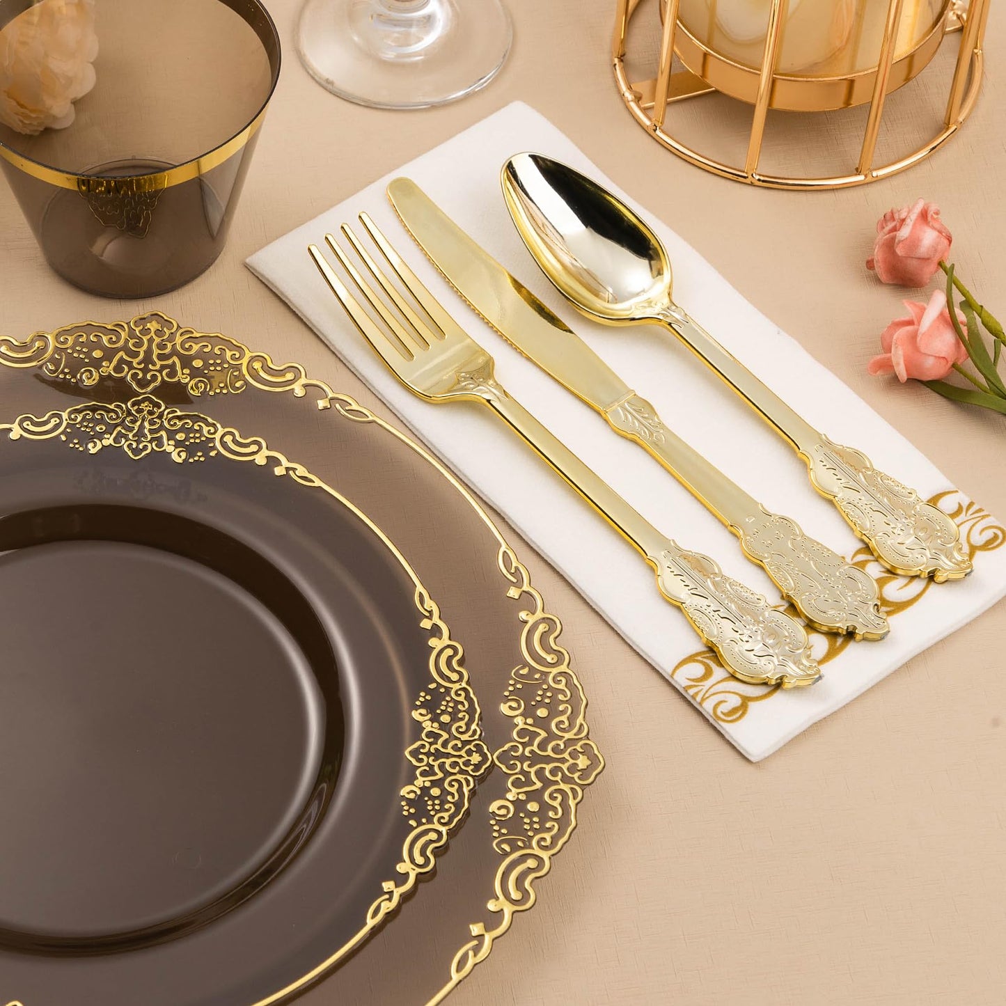 Goodluck 350PCS Disposable Clear Black with Gold Trim Plastic Dinnerware Set for 50 Guests
