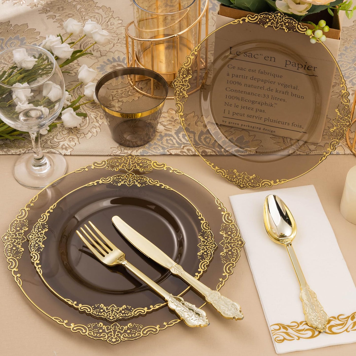 Goodluck 350PCS Disposable Clear Black with Gold Trim Plastic Dinnerware Set for 50 Guests