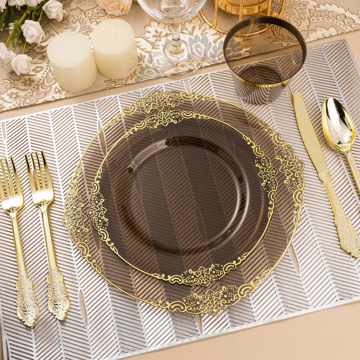 Goodluck 350PCS Disposable Clear Black with Gold Trim Plastic Dinnerware Set for 50 Guests