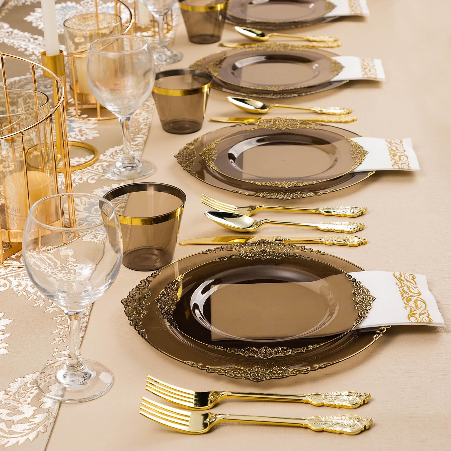 Goodluck 350PCS Disposable Clear Black with Gold Trim Plastic Dinnerware Set for 50 Guests