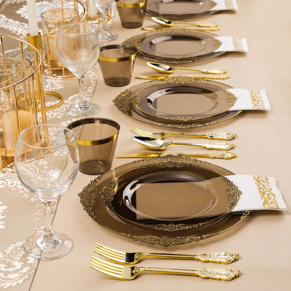 Goodluck 350PCS Disposable Clear Black with Gold Trim Plastic Dinnerware Set for 50 Guests