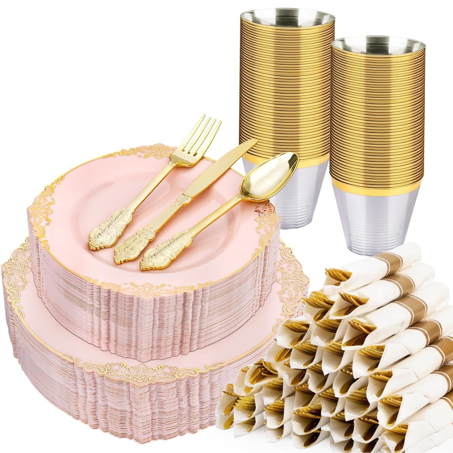 Goodluck Disposable Pink and Gold Plastic Dinnerware Set for 50 Guests