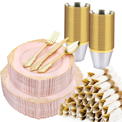 Goodluck Disposable Pink and Gold Plastic Dinnerware Set for 50 Guests