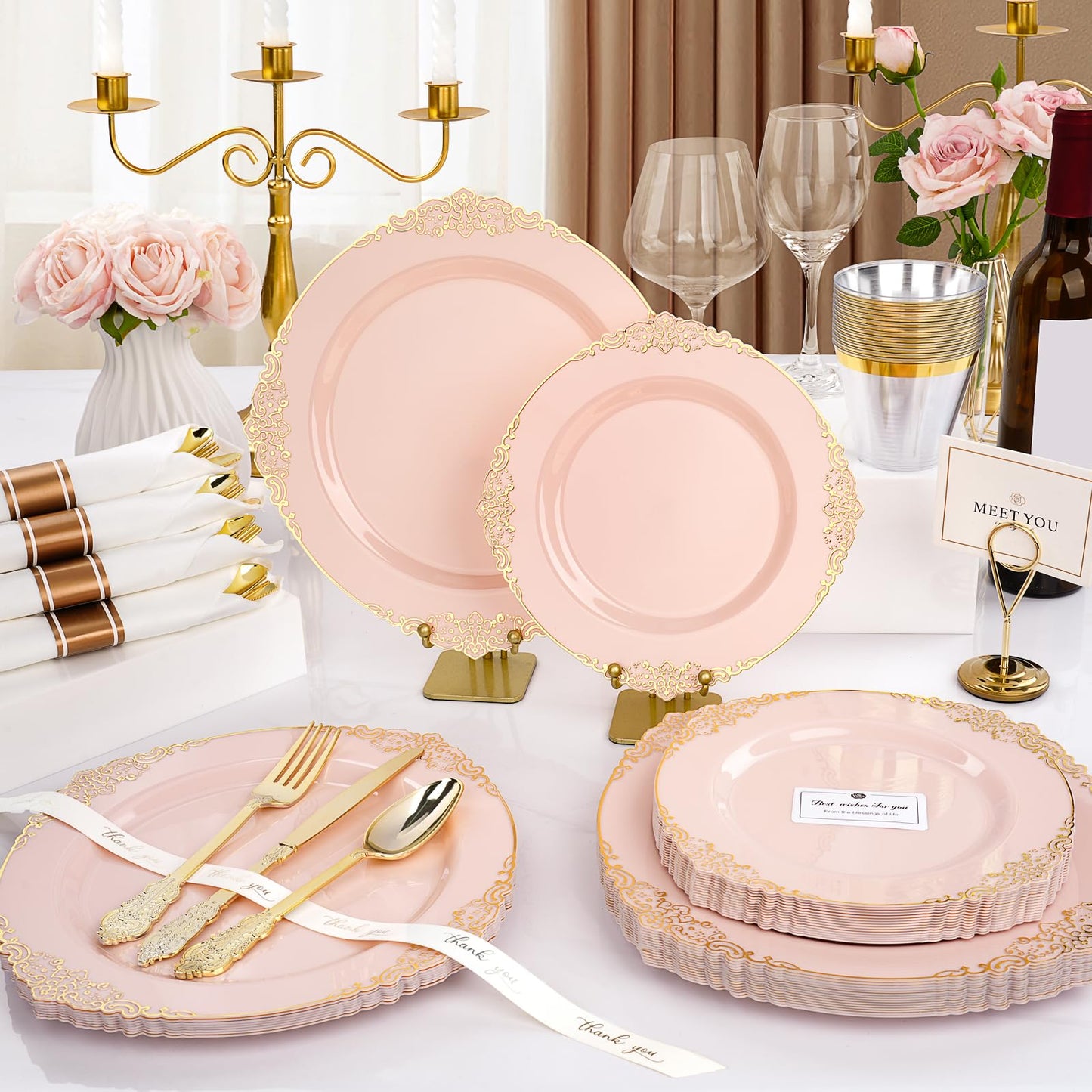 Goodluck Disposable Pink and Gold Plastic Dinnerware Set for 50 Guests