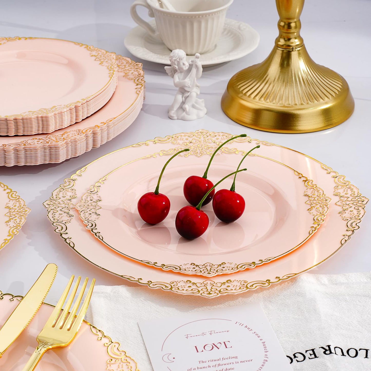 Goodluck Disposable Pink and Gold Plastic Dinnerware Set for 50 Guests