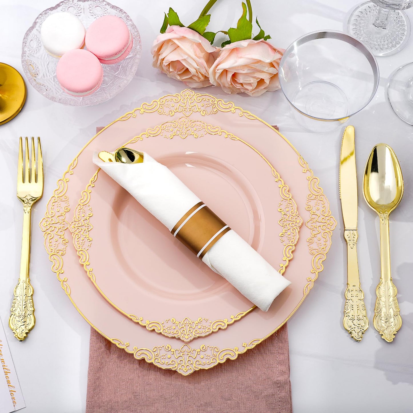 Goodluck Disposable Pink and Gold Plastic Dinnerware Set for 50 Guests