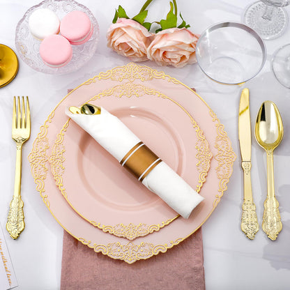 Goodluck Disposable Pink and Gold Plastic Dinnerware Set for 50 Guests