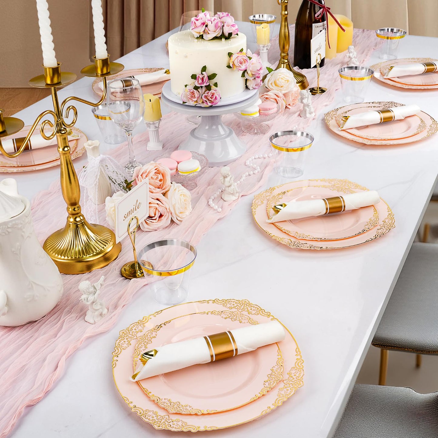 Goodluck Disposable Pink and Gold Plastic Dinnerware Set for 50 Guests