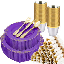 Goodluck 350 PCS Disposable Purple with Gold Rim Plastic Dinnerware Set