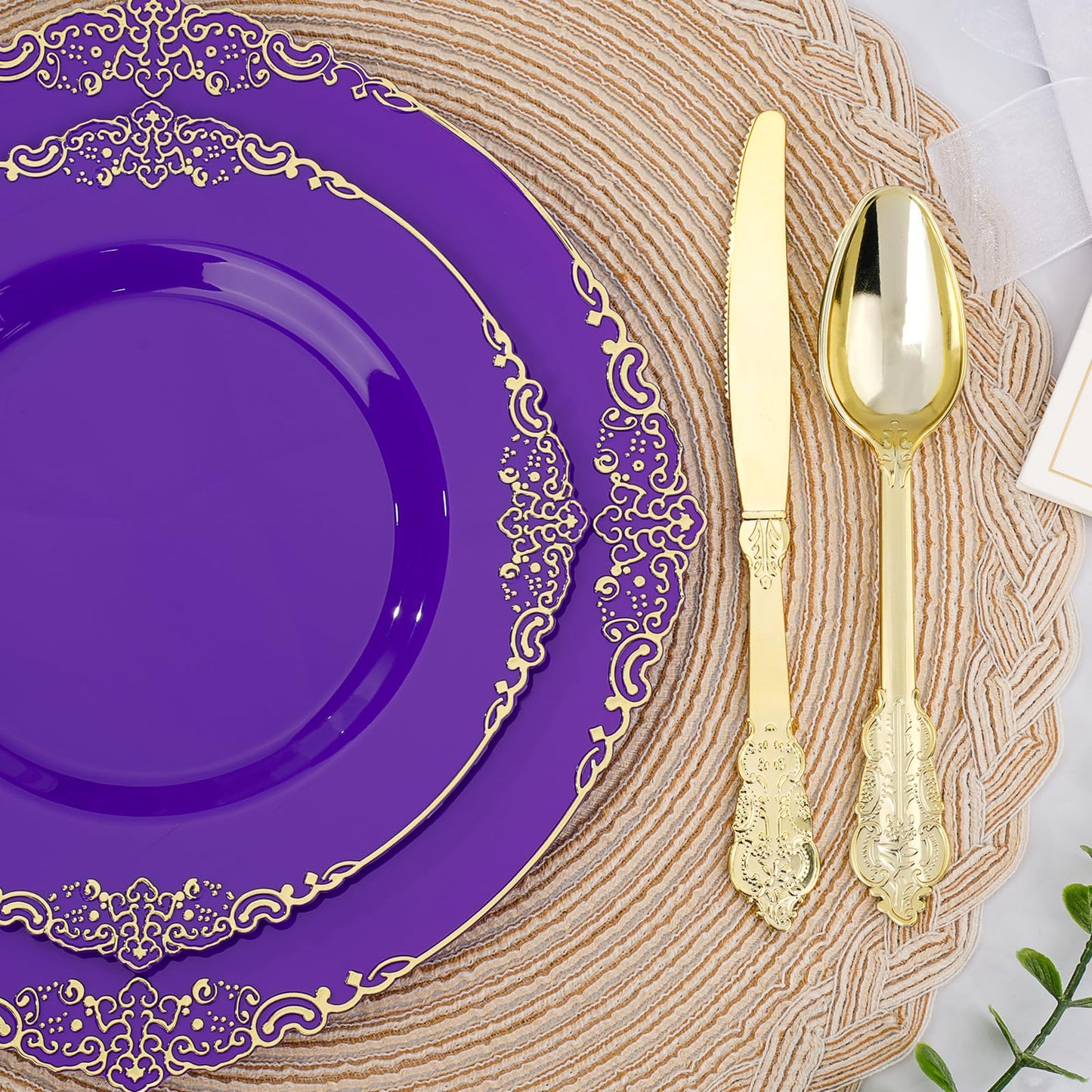 Goodluck 350 PCS Disposable Purple with Gold Rim Plastic Dinnerware Set