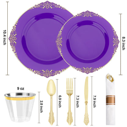 Goodluck 350 PCS Disposable Purple with Gold Rim Plastic Dinnerware Set