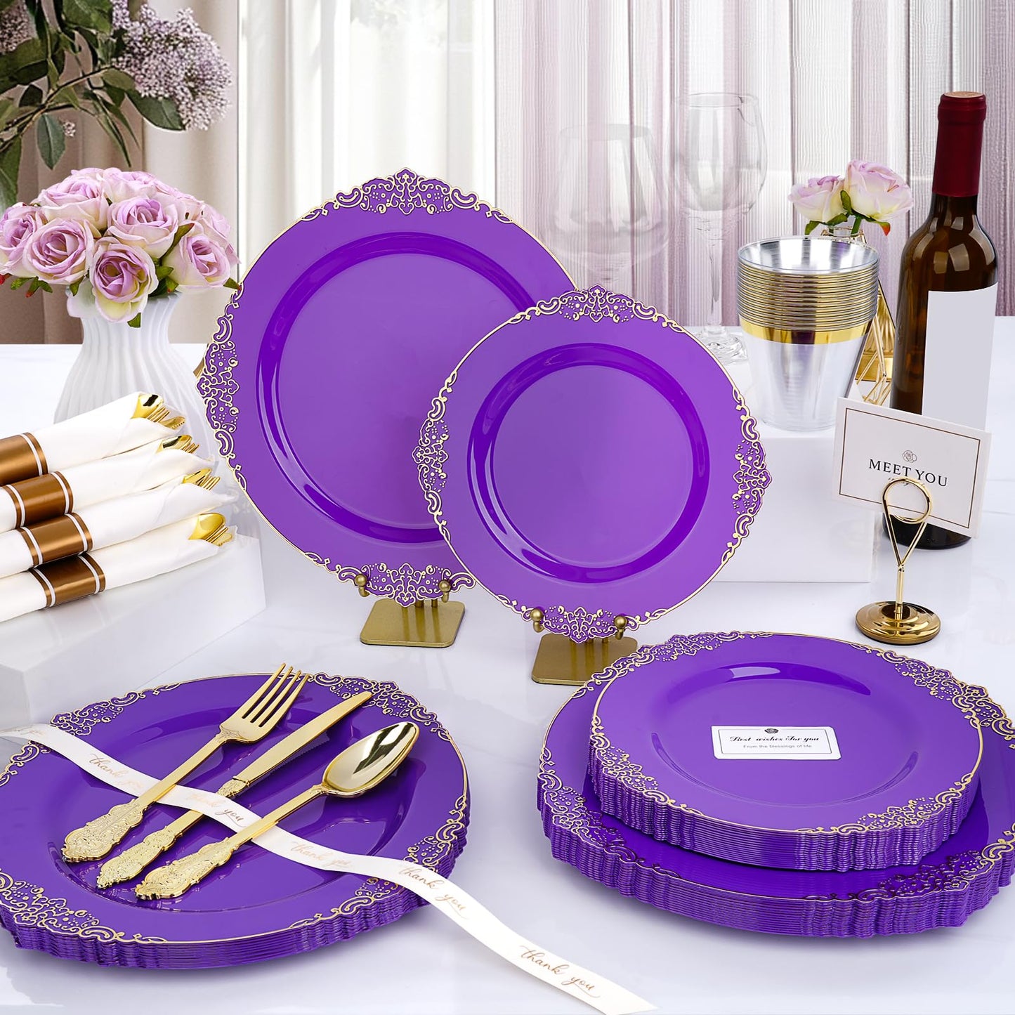 Goodluck 350 PCS Disposable Purple with Gold Rim Plastic Dinnerware Set