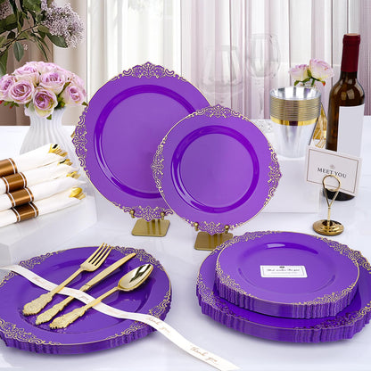 Goodluck 350 PCS Disposable Purple with Gold Rim Plastic Dinnerware Set
