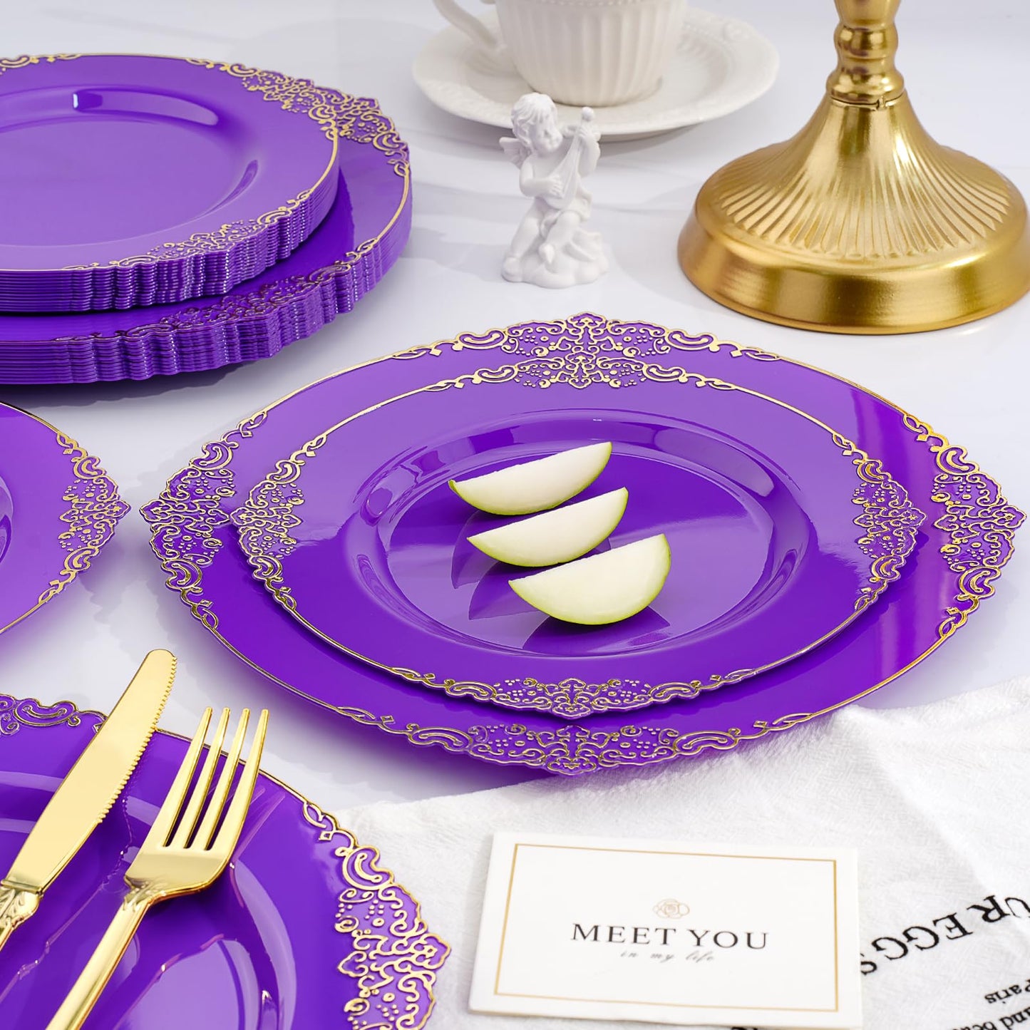 Goodluck 350 PCS Disposable Purple with Gold Rim Plastic Dinnerware Set