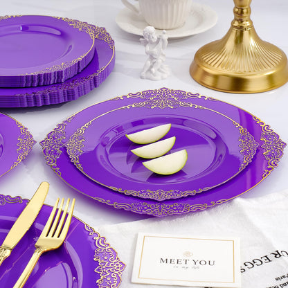 Goodluck 350 PCS Disposable Purple with Gold Rim Plastic Dinnerware Set