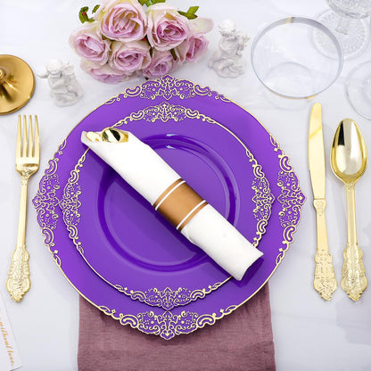 Goodluck 350 PCS Disposable Purple with Gold Rim Plastic Dinnerware Set