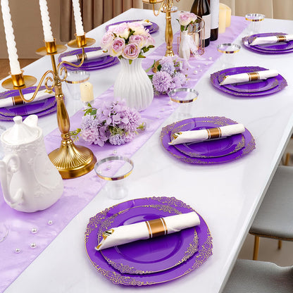 Goodluck 350 PCS Disposable Purple with Gold Rim Plastic Dinnerware Set