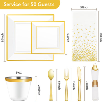 Goodluck 352 Piece White with Gold Trim Plastic Dinnerware Set for 50 Guests