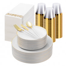Goodluck 350 Pieces Disposable White with Gold Rim Plastic Dinnerware Set