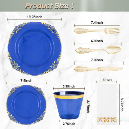 Goodluck Disposable Retro Clear Blue with Gold Rim Plastic Dinnerware Sets