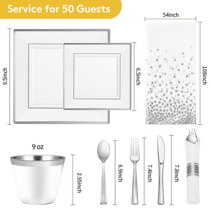 Goodluck 352 Piece White with Silver Trim Plastic Dinnerware Set for 50 Guests