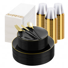 Goodluck 350 Pieces Disposable Black with Gold Rim Plastic Dinnerware Set