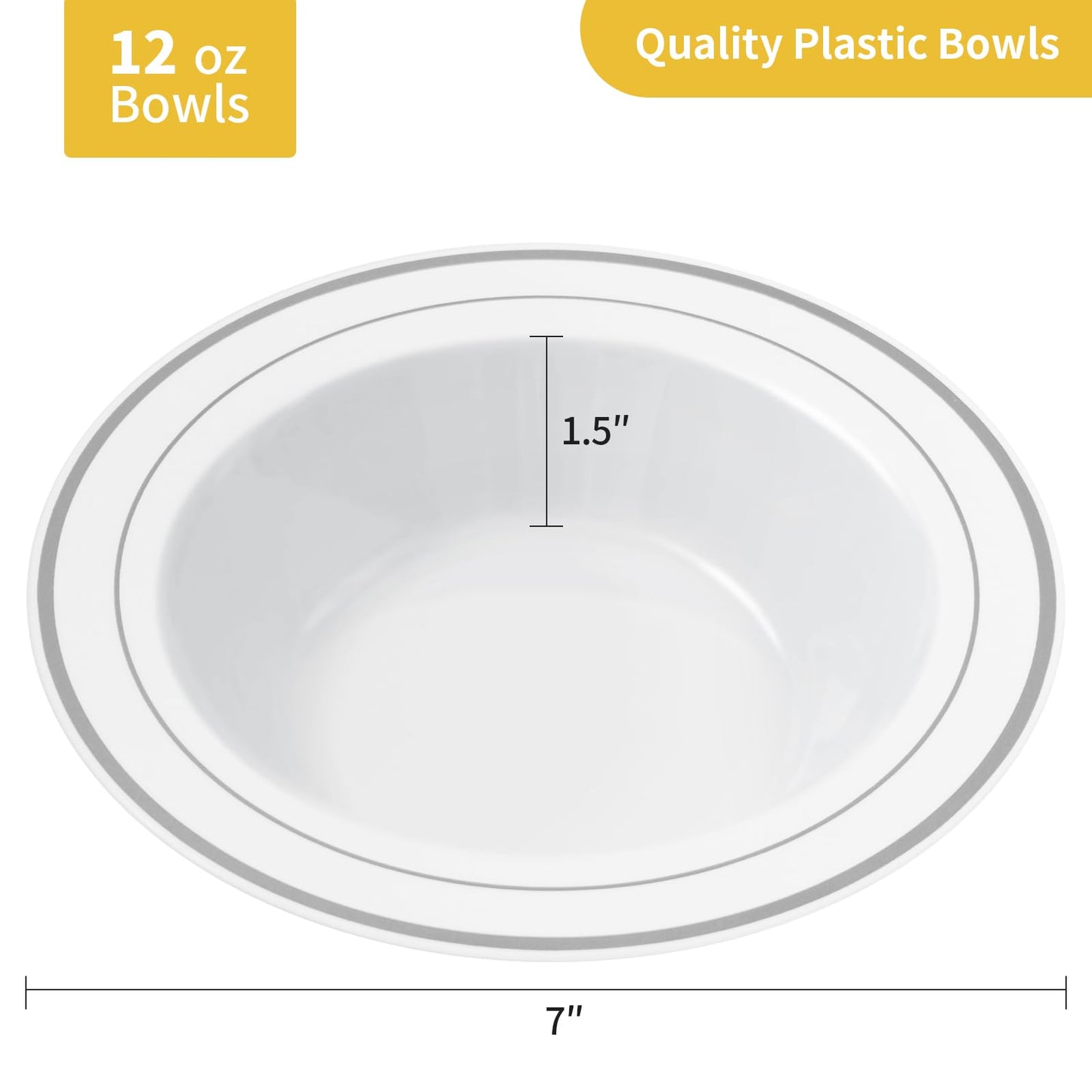 Goodluck 100 Pack 12oz Disposable White with Double Silver Rim Plastic Bowls