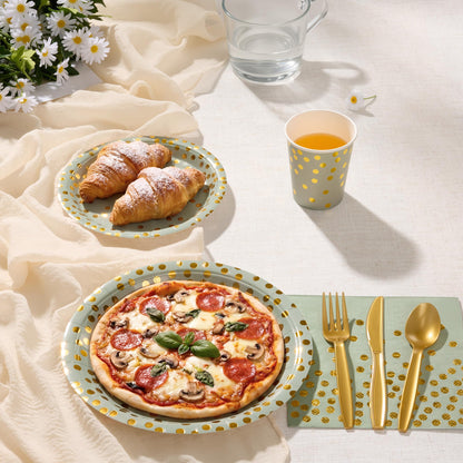 Gold Foil Polka Dot Disposable Party Paper Tableware Set for Birthday, Baby Shower, and Wedding