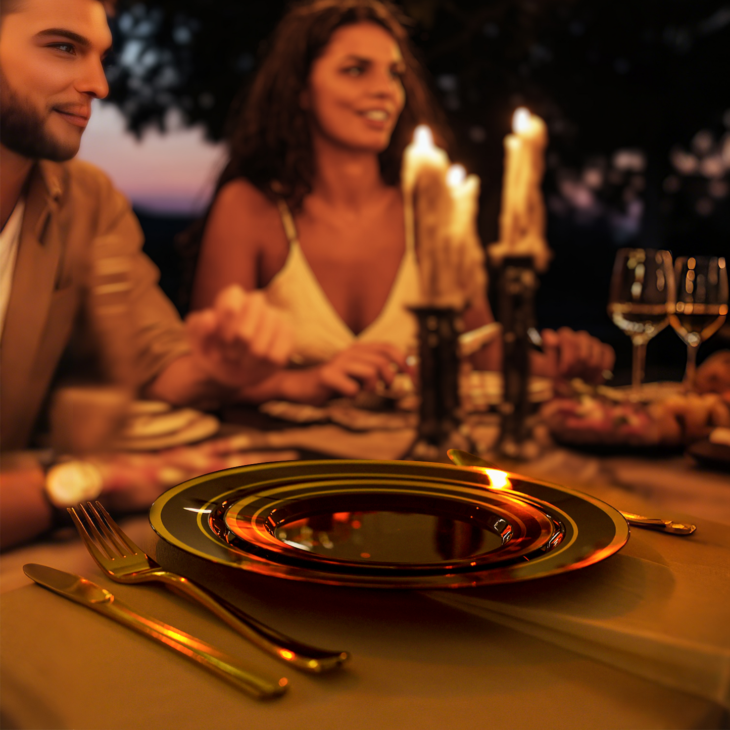 Goodluck Premium Disposable Black with Gold Rim Plastic Plates Set for Party, Wedding, Holiday, and Halloween