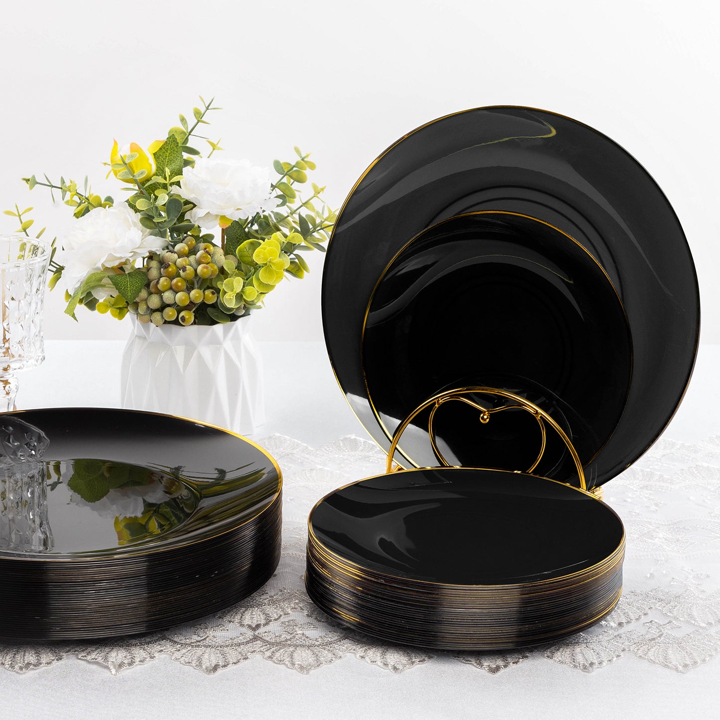 Goodluck 350 Pieces Disposable Black with Gold Rim Plastic Dinnerware Set