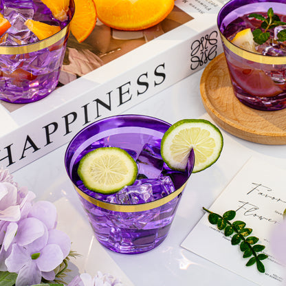 Goodluck 100 Pack 9 oz Disposable Purple with Gold Rim Plastic Cups for Party & Graduation & Wedding