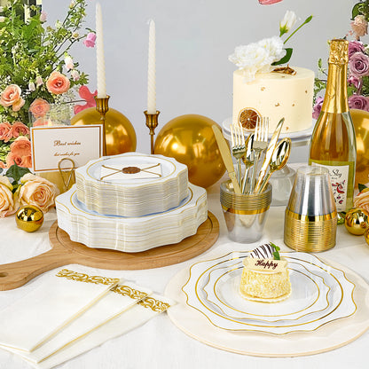 Goodluck 350 PCS Disposable Scallop White and Gold Plastic Dinnerware Set for 50 Guests