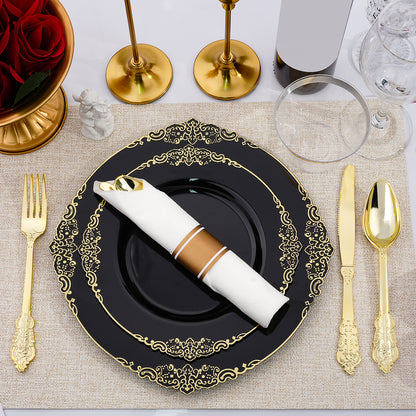 Goodluck 350 PCS Disposable Black and Gold Plastic Dinnerware Set for Party, Wedding, Graduation
