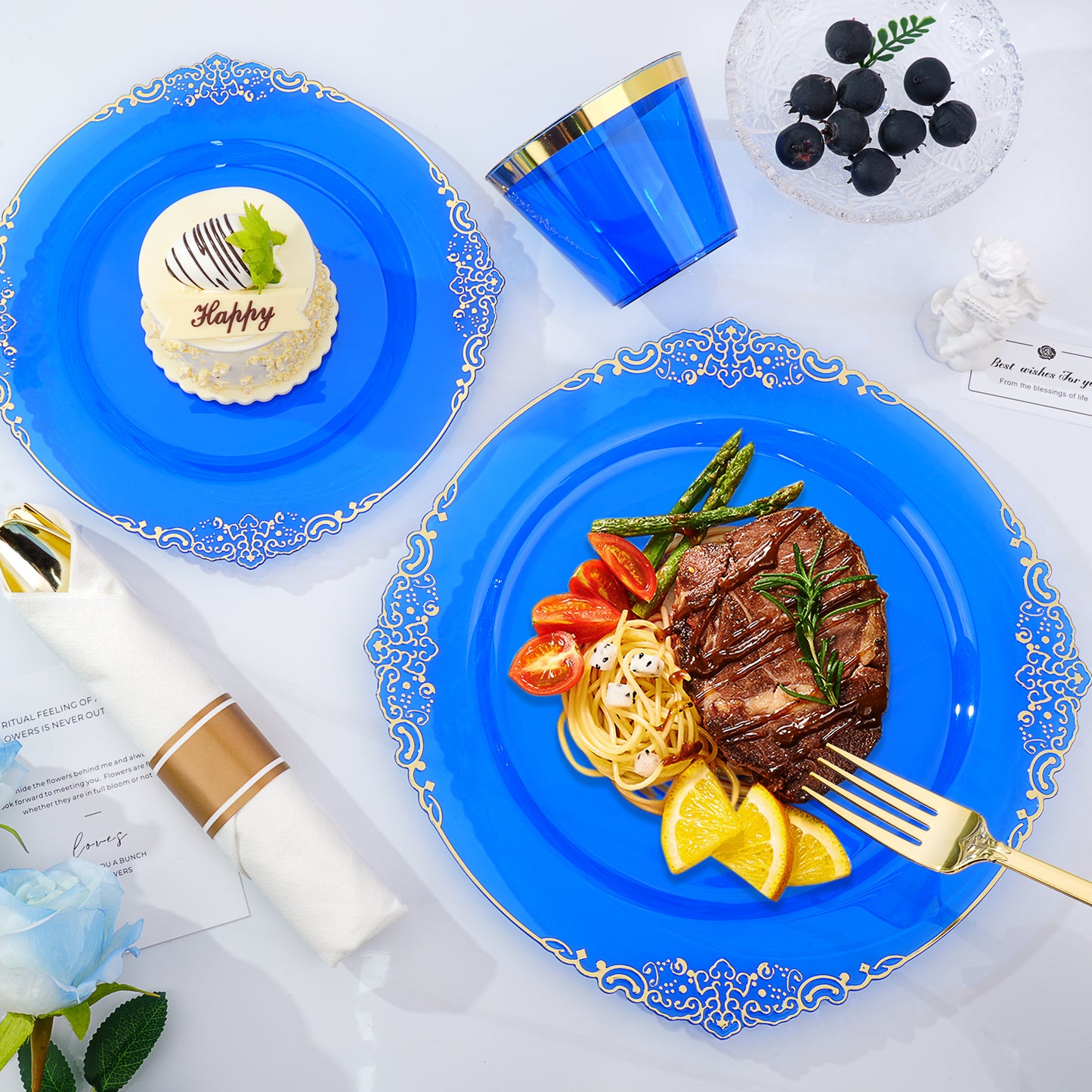 Goodluck Disposable Clear Blue with Gold Rim Plastic Dinnerware Sets