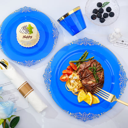 Goodluck Disposable Clear Blue with Gold Rim Plastic Dinnerware Sets