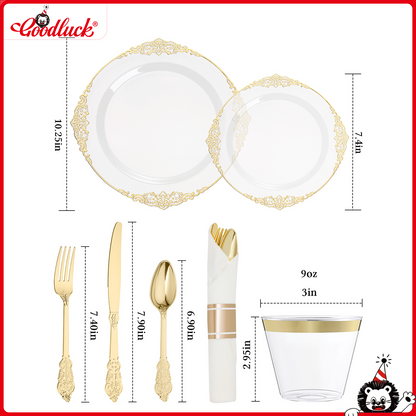 Goodluck Disposable Retro Clear with Gold Rim Dinnerware Set