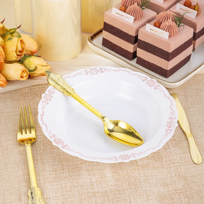 Goodluck 12oz Disposable Heavy Duty White Plastic Bowls with Rose Gold Rim Plastic Bowl for Hot Soup, Dessert, Salad, Cake, Ice Cream, Fruit