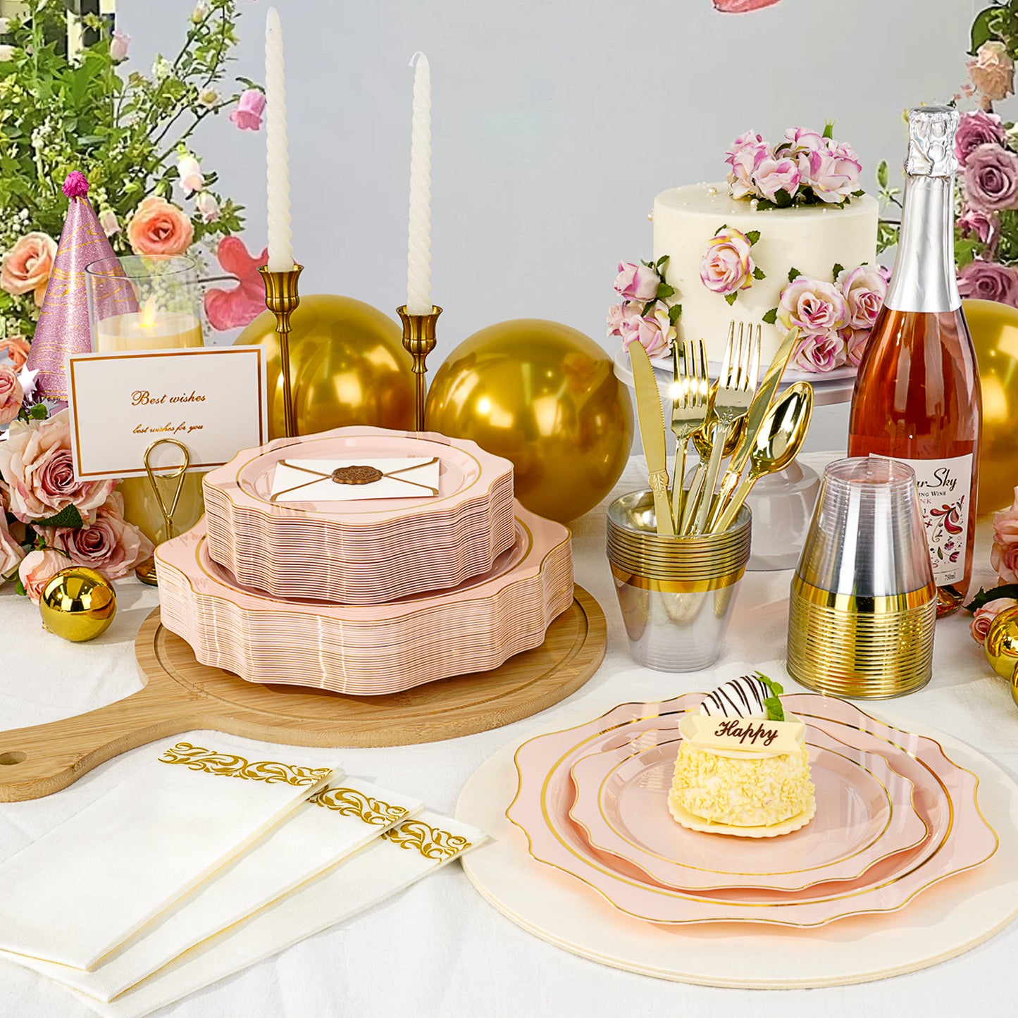 Goodluck 350 PCS Disposable Scallop Pink with Gold Rim Plastic Dinnerware Set