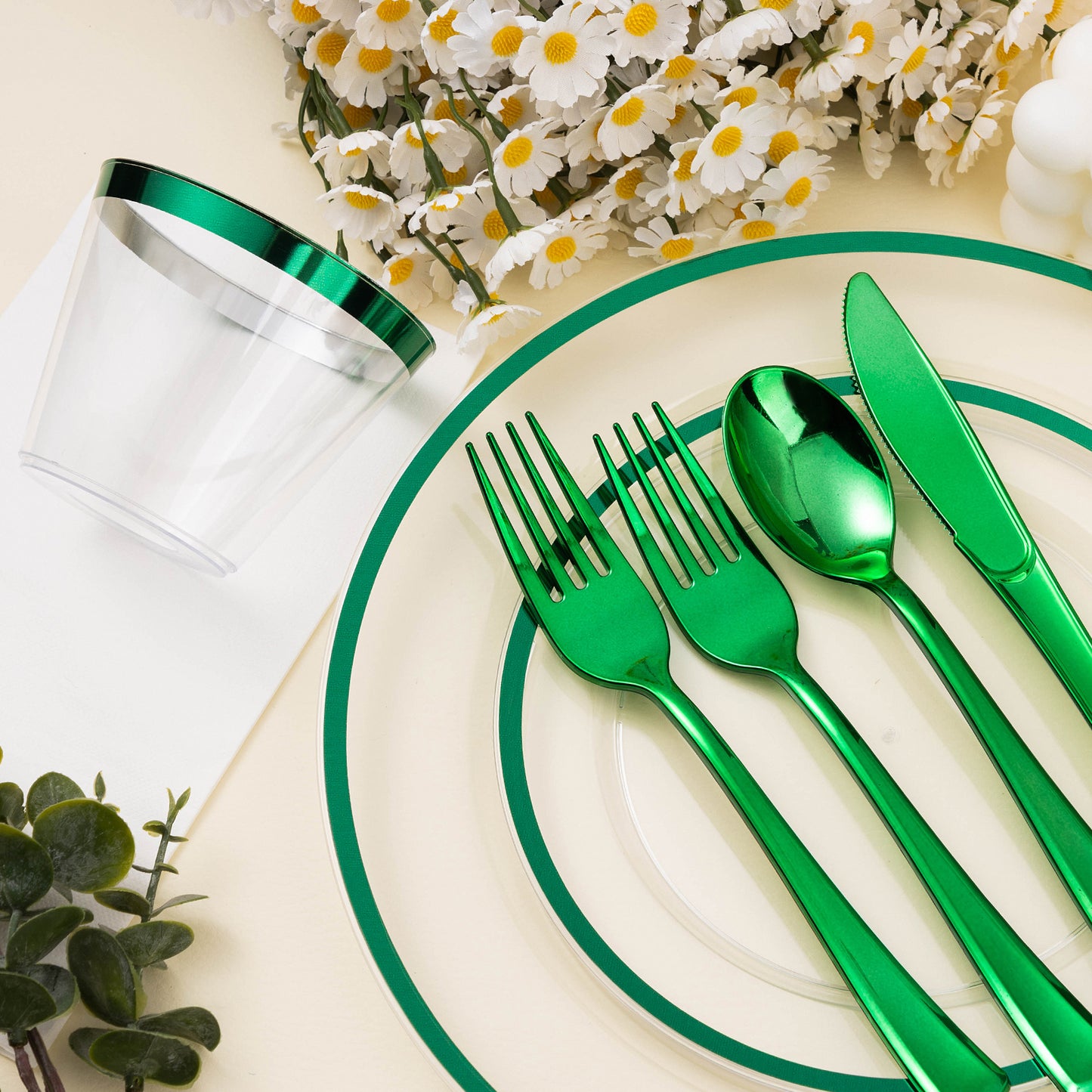 Goodluck 350PCS Disposable Green and Clear Plastic Dinnerware Sets for 50 Guests