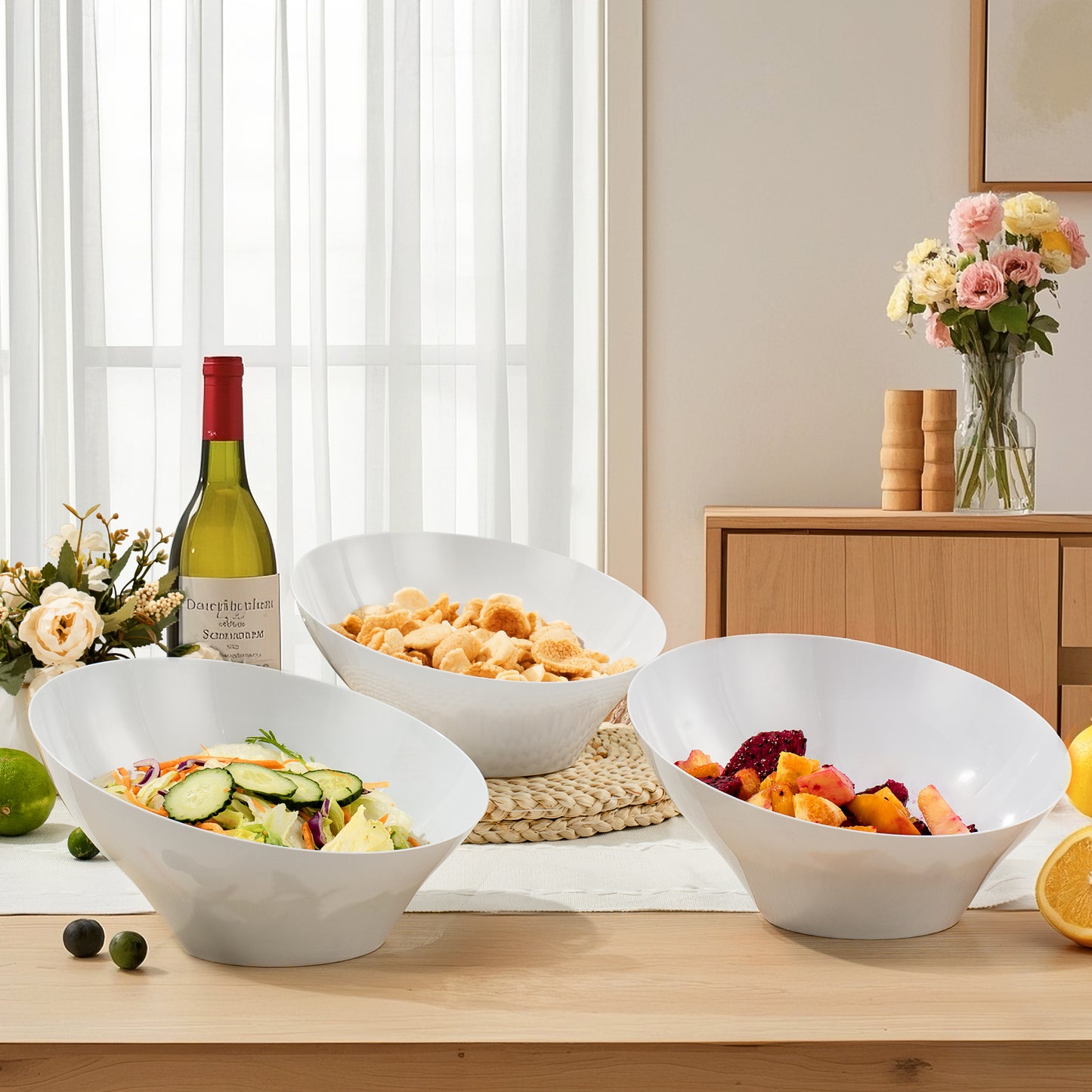 Goodluck 12 Pack 54oz Disposable Angled White Plastic Serving Bowls for Chips, Snacks, Fruit, Salad