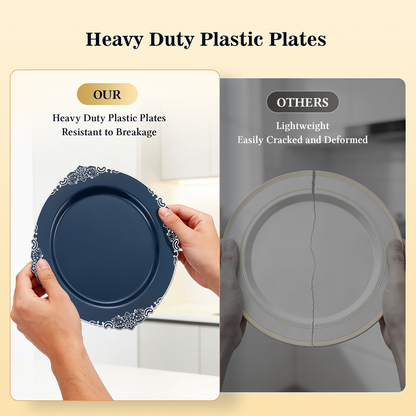 Goodluck 100PCS Heavy Duty Disposable Navy Blue Plastic Plates with Vintage Silver Trim for Weddings, Parties, Events
