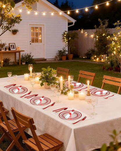 Goodluck 350 Piece Disposable Clear with Double Red Rim Plastic Dinnerware Set for Party, Christmas, Graduation, Wedding