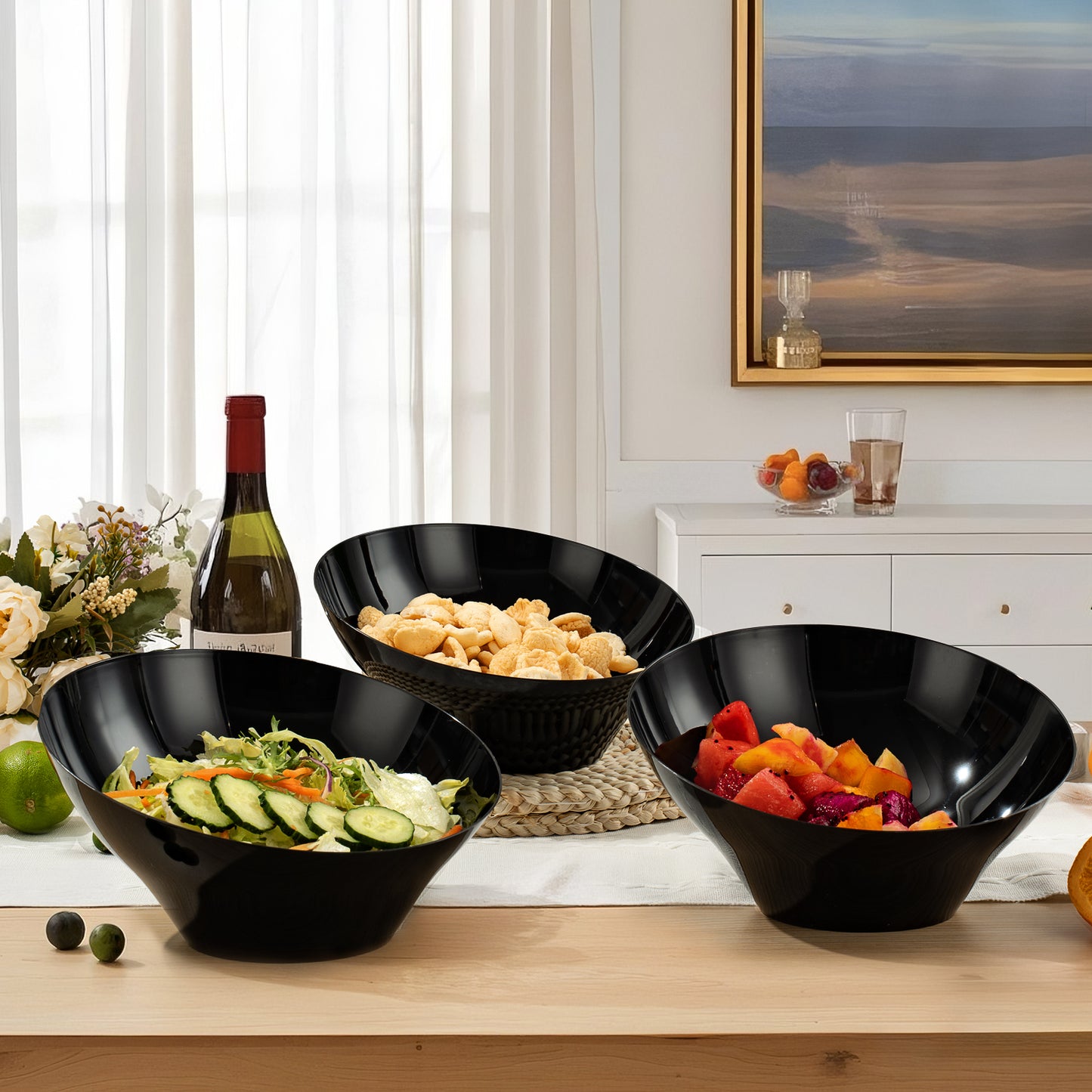 Goodluck 12 Pack 54oz Disposable Angled Black Plastic Serving Bowls for Chips, Snacks, Fruit, Salad