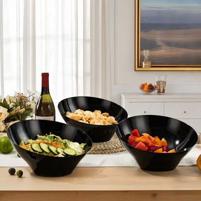 Goodluck 12 Pack 54oz Disposable Angled Black Plastic Serving Bowls for Chips, Snacks, Fruit, Salad