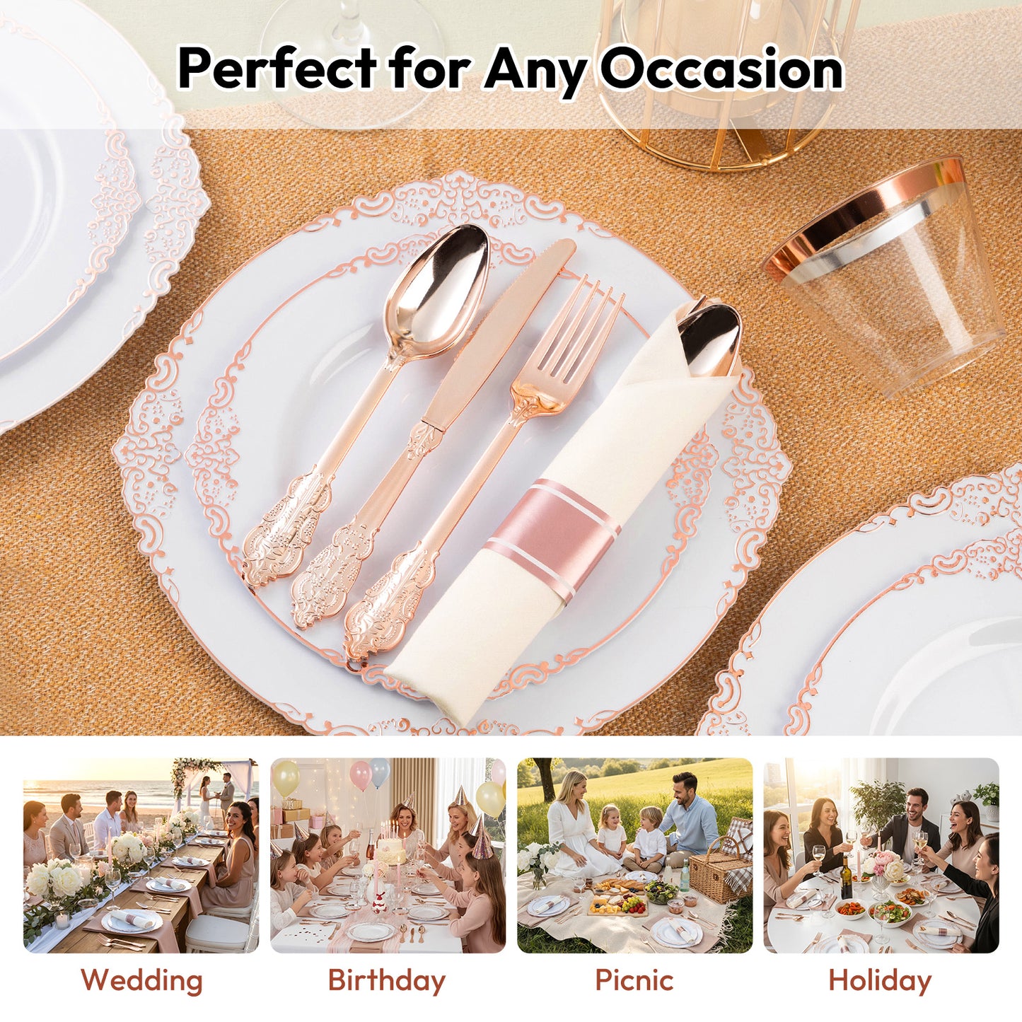 Vintage Disposable Plastic Dinnerware Sets with Gold Pattern Rim