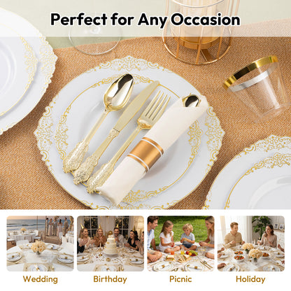 Goodluck Disposable Retro White with Gold Rim Plastic Dinnerware