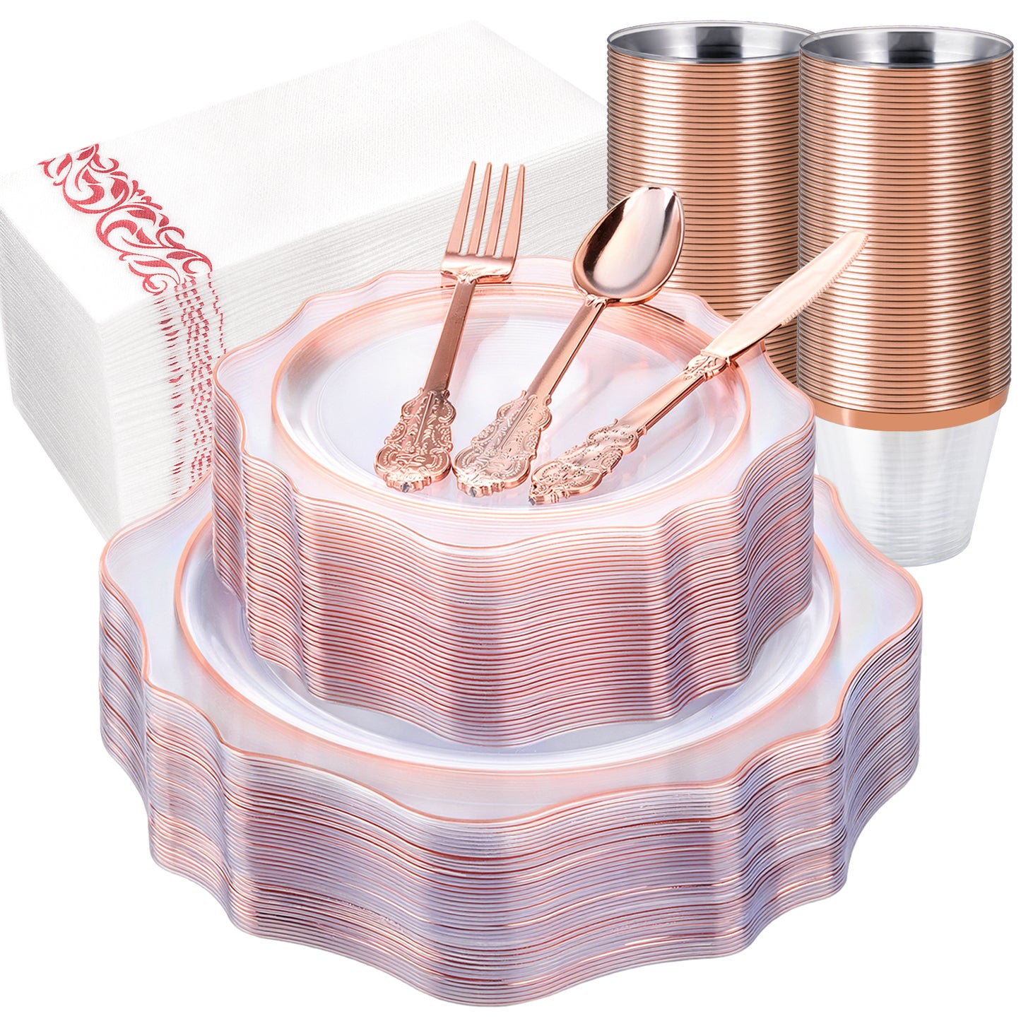 Goodluck 350 PCS Disposable Scallop Clear and Rose Gold Plastic Dinnerware Set for 50 Guests